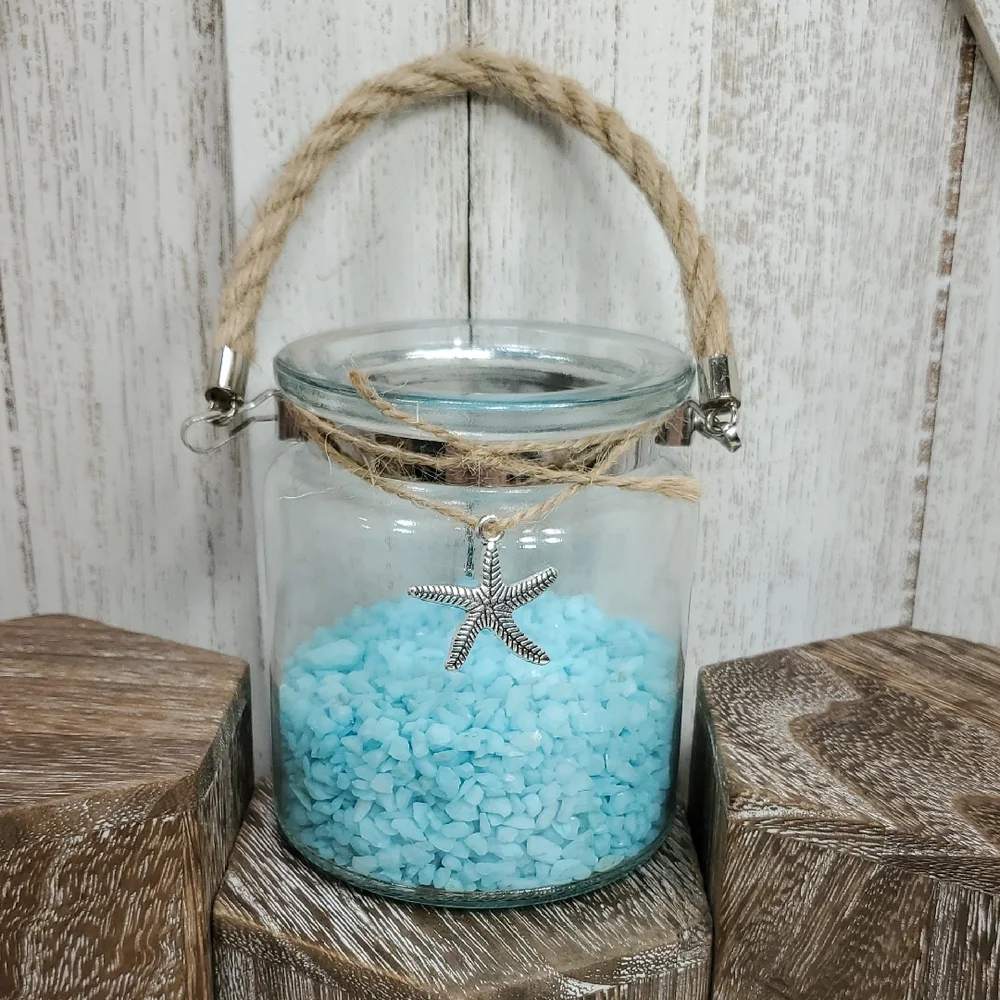 Glass Jar Vase with Silver Starfish Charm Twine Handle & Aqua Pebble Rocks